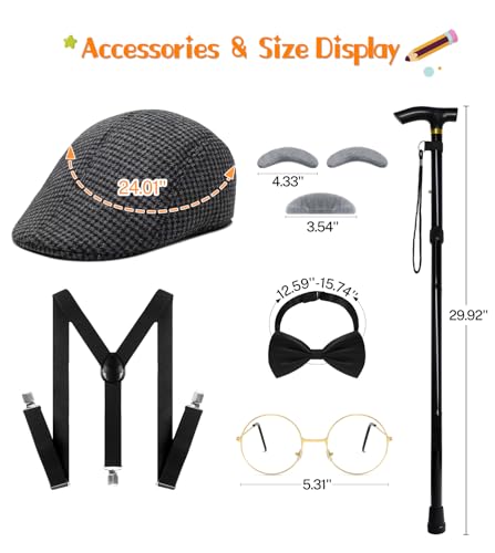 Old Man Costume for Kids – 100 Days of School Set with Hat, Glasses, Suspenders & Cane