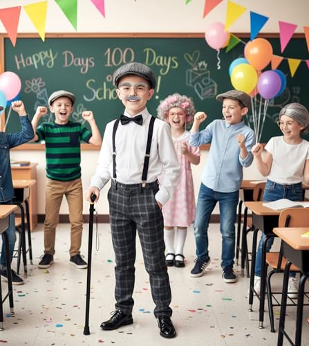 Old Man Costume for Kids – 100 Days of School Set with Hat, Glasses, Suspenders & Cane