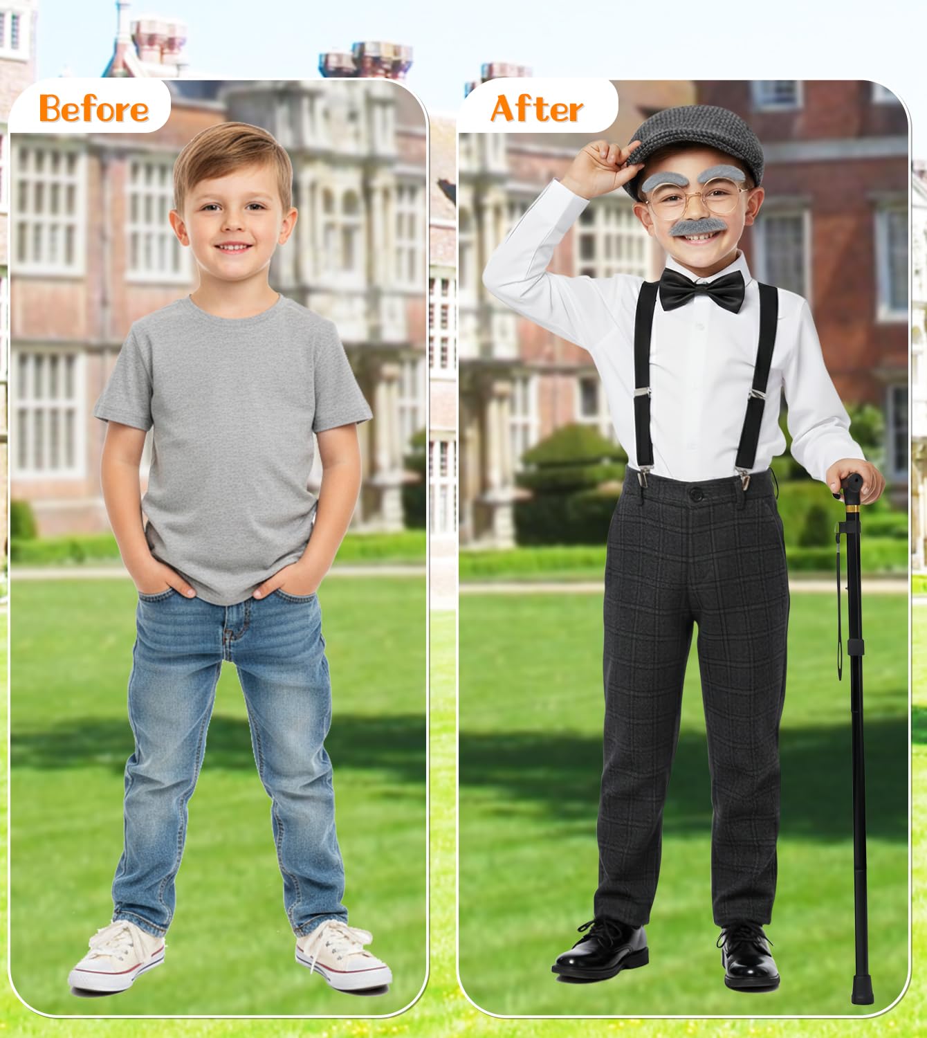 Old Man Costume for Kids – 100 Days of School Set with Hat, Glasses, Suspenders & Cane