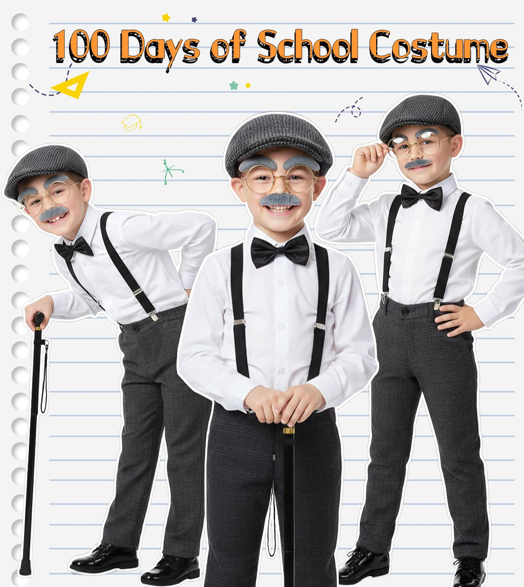 Old Man Costume for Kids – 100 Days of School Set with Hat, Glasses, Suspenders & Cane
