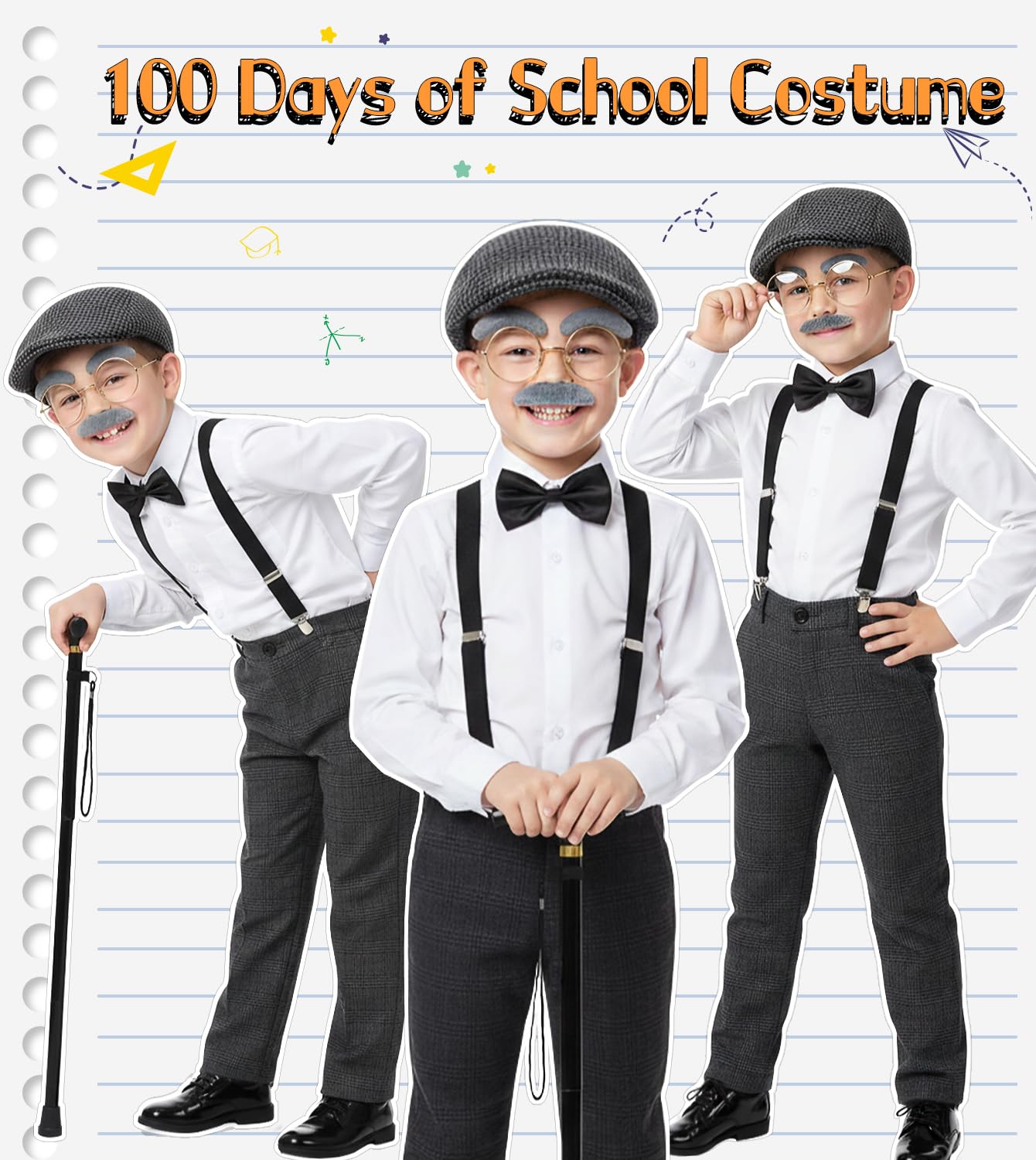 Old Man Costume for Kids – 100 Days of School Set with Hat, Glasses, Suspenders & Cane