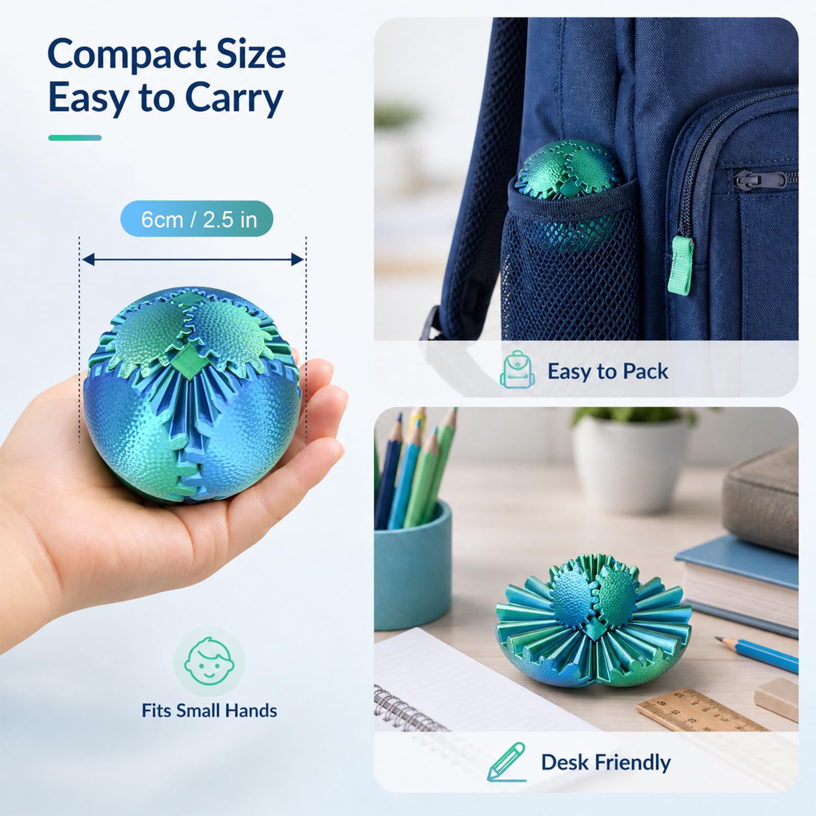 Olee Odee 3D Printed Gear Ball Fidget Toy - Steampunk Gear Sphere - Christmas Green, 2.5 Inches - Stress Relief for Kids & Adults