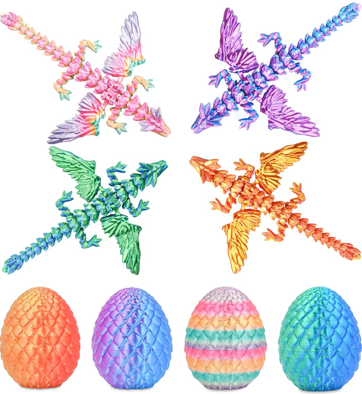 Olee Odee 4-Pack Dragon Eggs with Mini Articulated Dragons - 3D Printed Surprise Toys for Kids