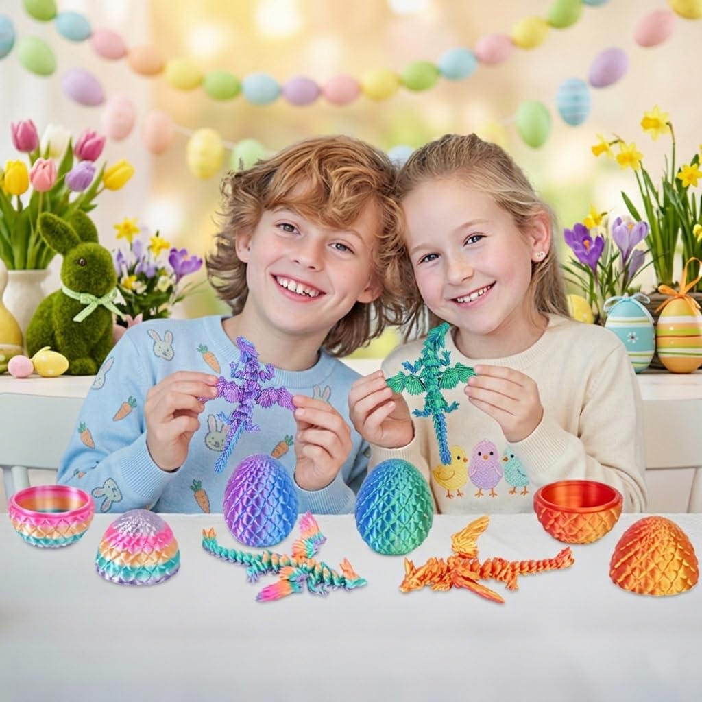 Olee Odee 4-Pack Dragon Eggs with Mini Articulated Dragons - 3D Printed Surprise Toys for Kids