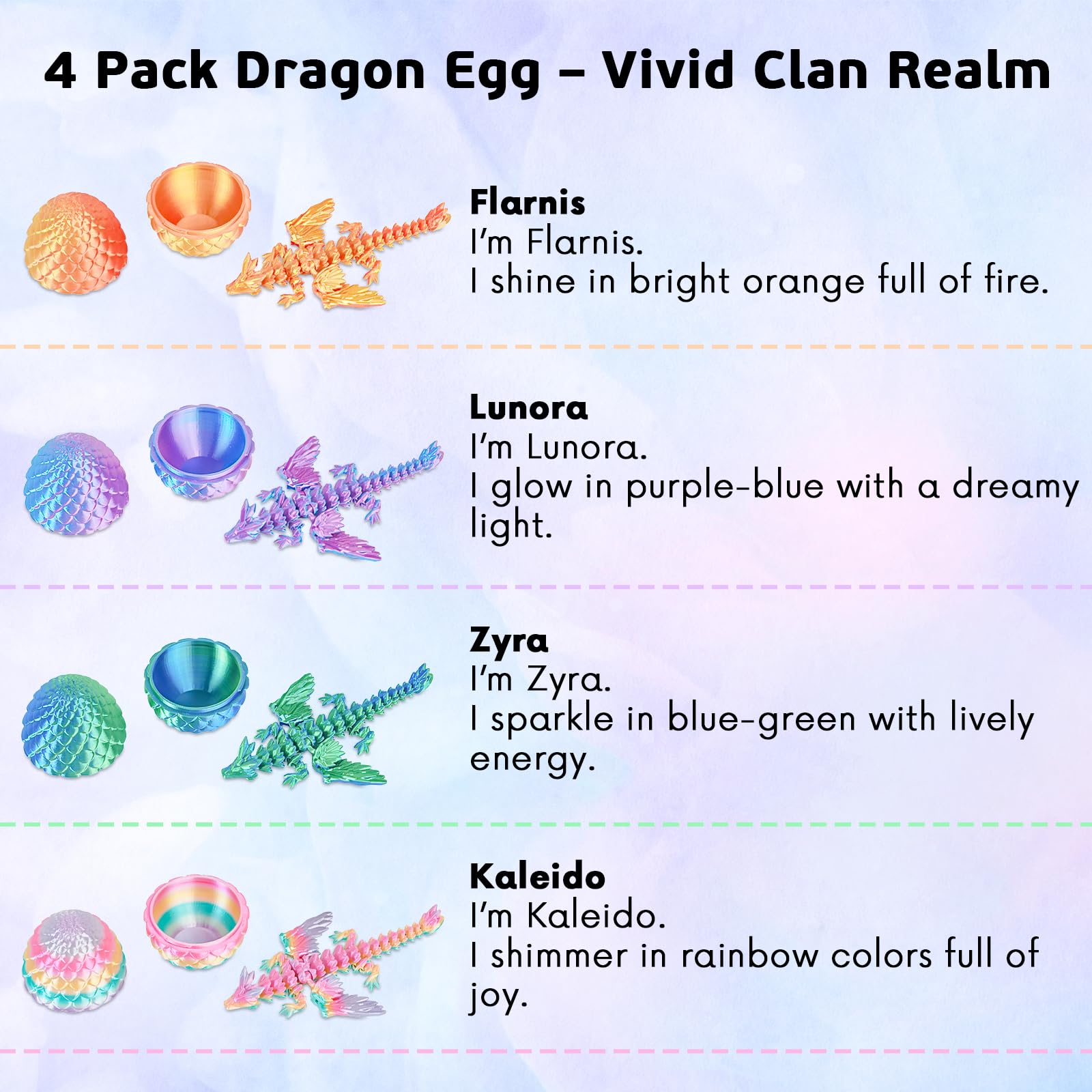 Olee Odee 4-Pack Dragon Eggs with Mini Articulated Dragons - 3D Printed Surprise Toys for Kids