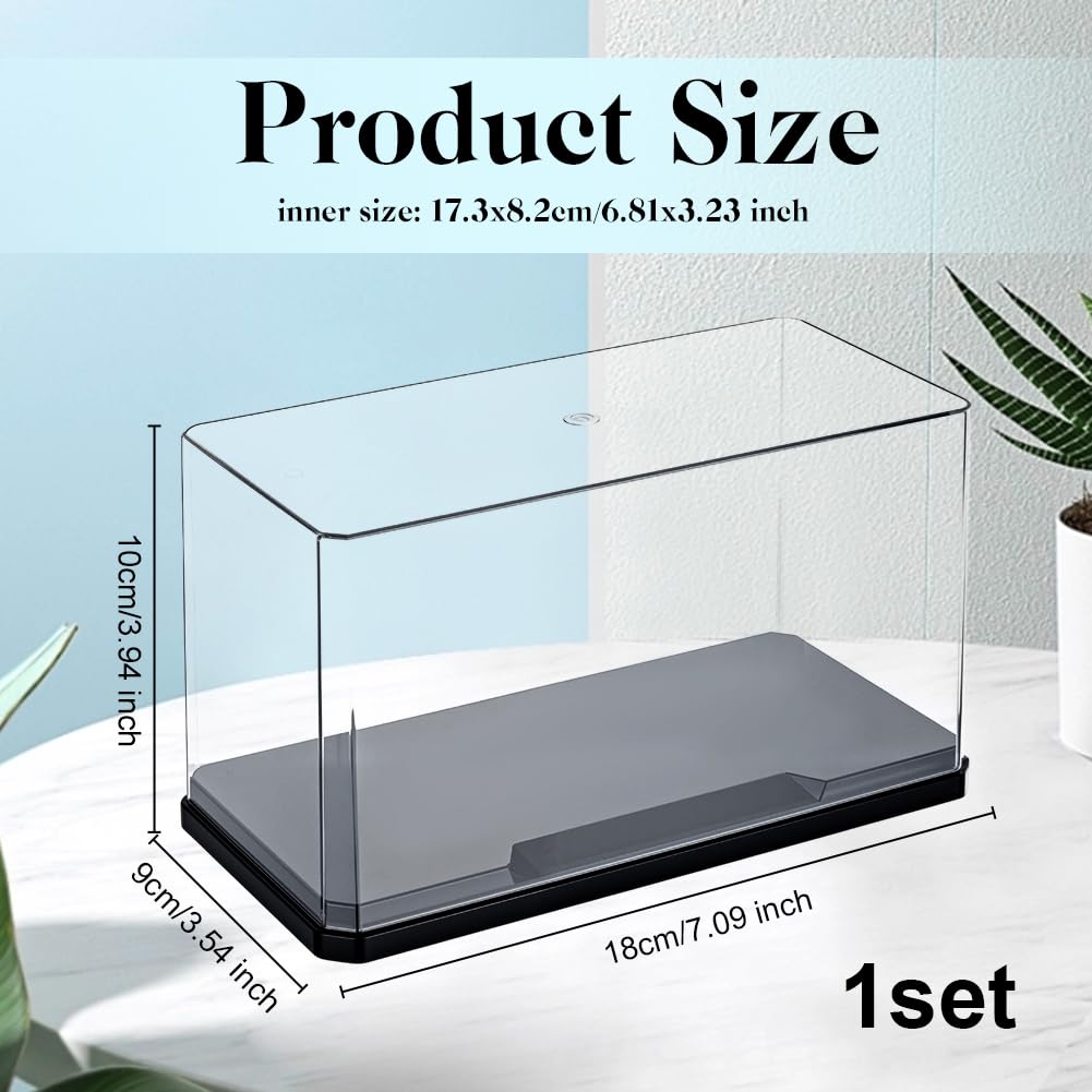 OLYCRAFT Clear Plastic Display Case 7x3.5x4 Inch with Black Base, Self-Assembly Dust-Proof Showcase for Collectibles, Bricks, Models
