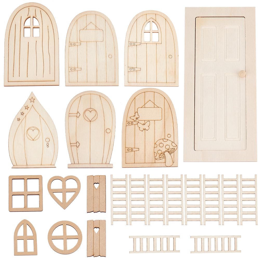OLYCRAFT Miniature Wooden Door and Window Set - 23 Pieces for Dollhouse DIY
