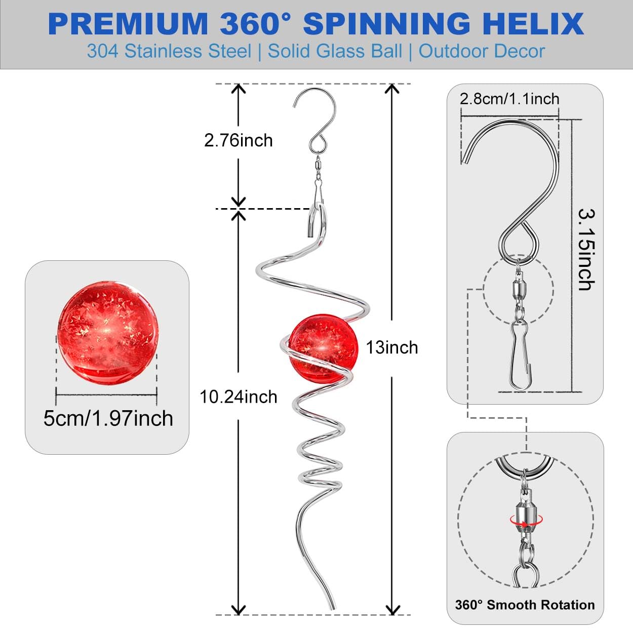 OMCCHK 13-Inch Red Crystal Glass Gazing Ball Wind Spinner with Stainless Steel Spiral Tail, Weatherproof Outdoor Garden Decor