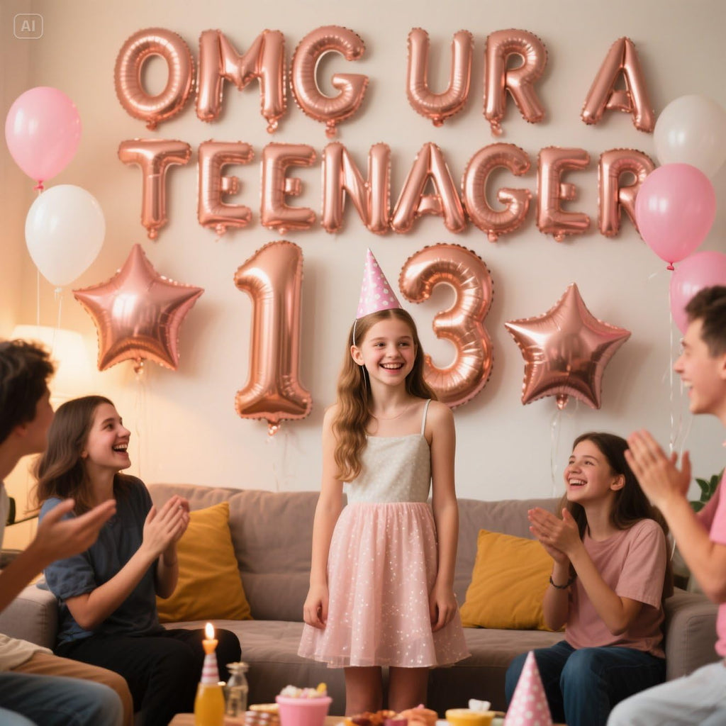 OMG UR A Teenager 13th Birthday Decorations Kit – Rose Gold Balloons, Banner & Star Foil for Girls