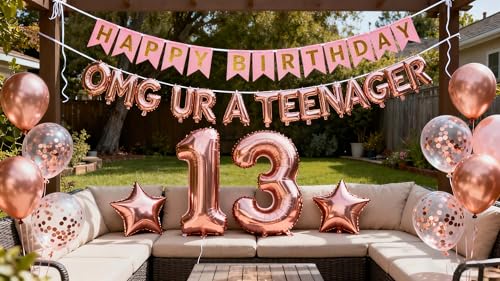 OMG UR A Teenager 13th Birthday Decorations Kit – Rose Gold Balloons, Banner & Star Foil for Girls