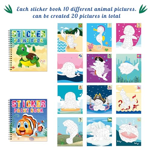 Omgouue Sea Animal Sticker Paint Books - 2-Pack Spiral Activity Sets for Kids Ages 3+