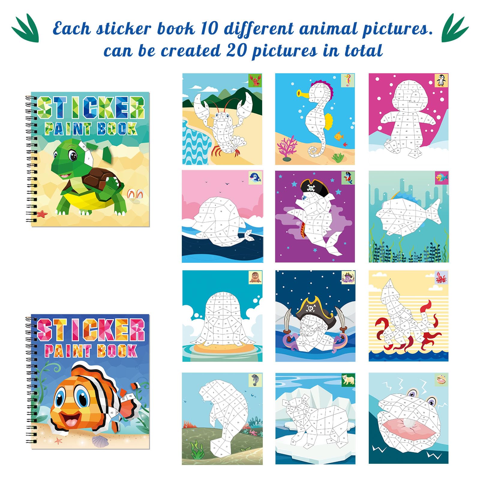 Omgouue Sea Animal Sticker Paint Books - 2-Pack Spiral Activity Sets for Kids Ages 3+
