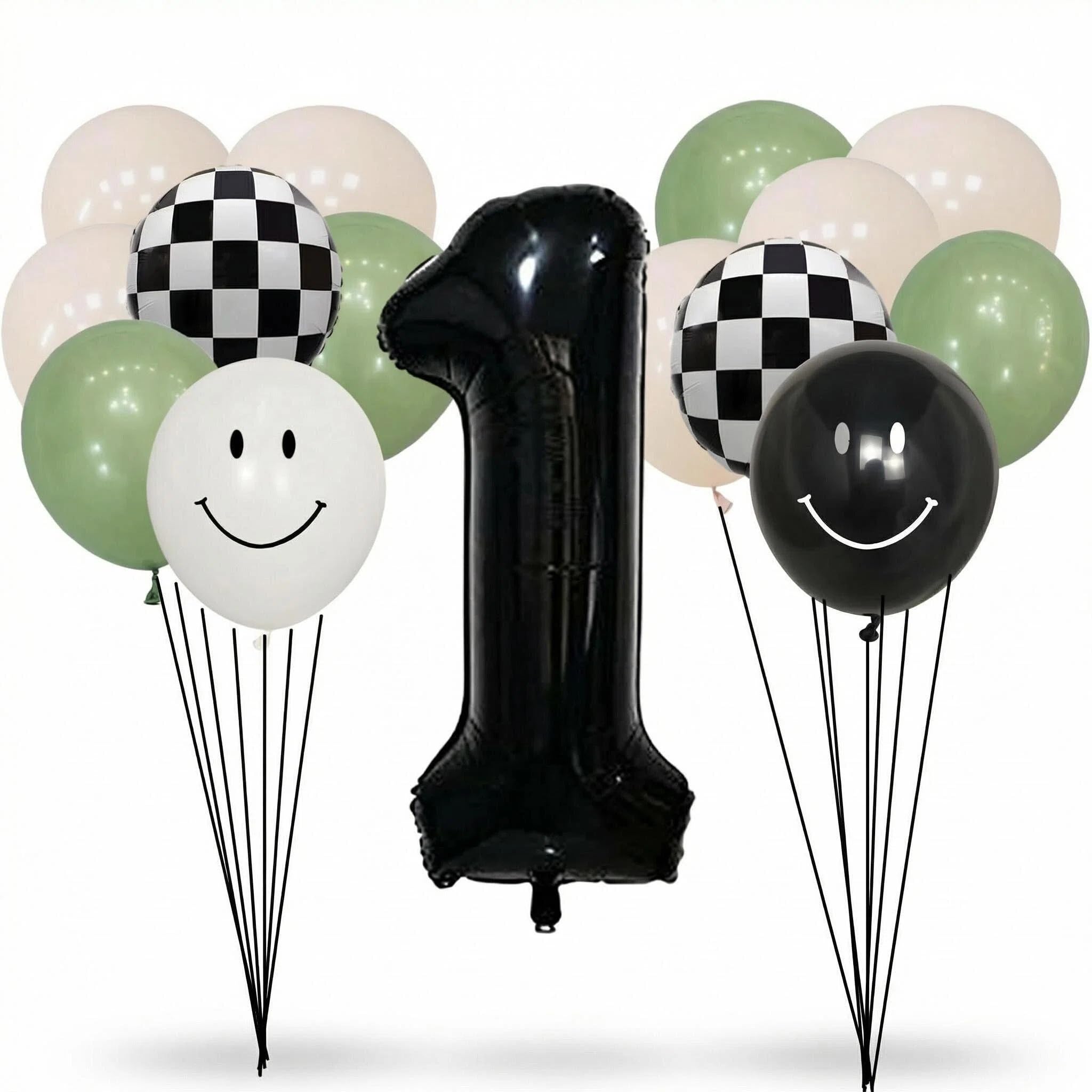 One Happy Dude 1st Birthday Balloon Kit – Sage Green Black White with Checkerboard & Smiley Face Foil Balloons