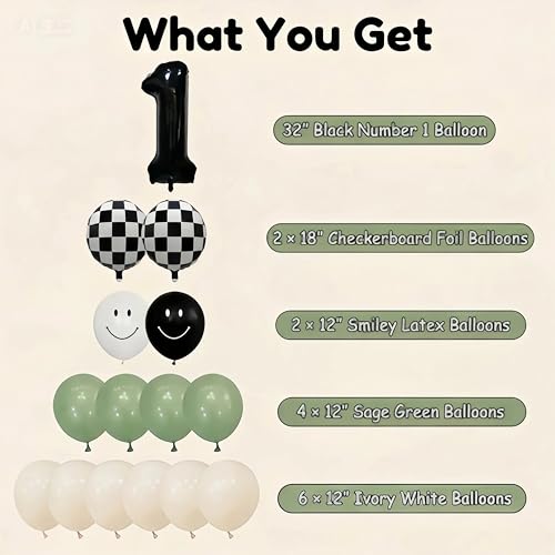 One Happy Dude 1st Birthday Balloon Kit – Sage Green Black White with Checkerboard & Smiley Face Foil Balloons