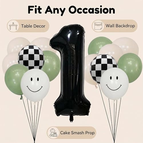 One Happy Dude 1st Birthday Balloon Kit – Sage Green Black White with Checkerboard & Smiley Face Foil Balloons