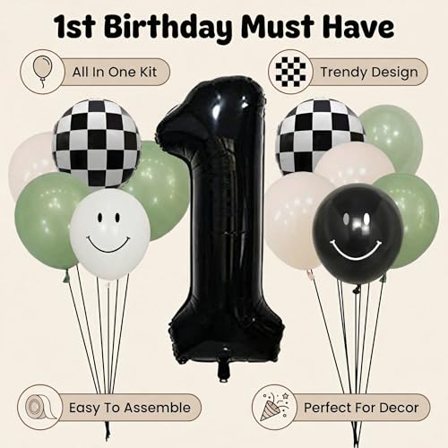 One Happy Dude 1st Birthday Balloon Kit – Sage Green Black White with Checkerboard & Smiley Face Foil Balloons