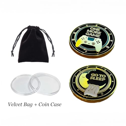 One More Game vs. Go to Sleep Flip Coin – Brass Gamer Decision Coin, Gold & Black Enamel, 40mm Collectible Token