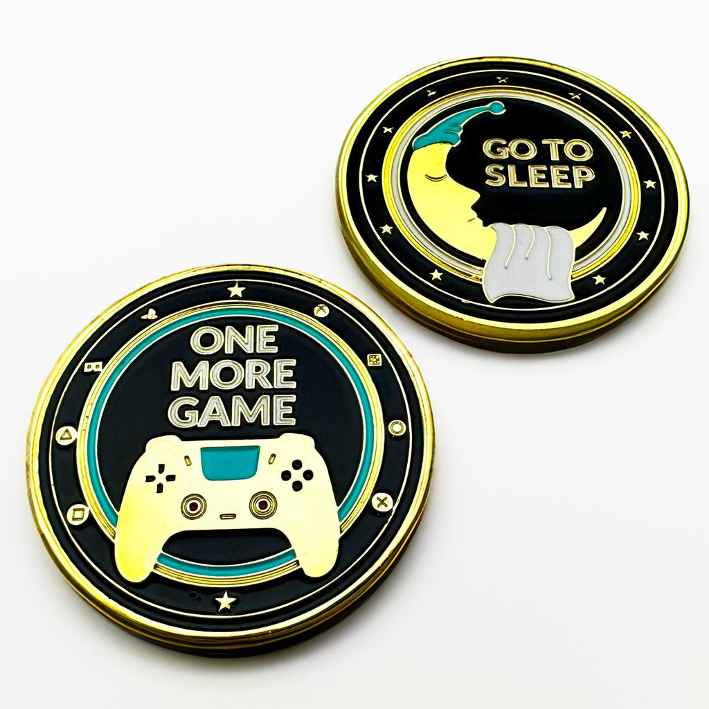 One More Game vs. Go to Sleep Flip Coin – Brass Gamer Decision Coin, Gold & Black Enamel, 40mm Collectible Token