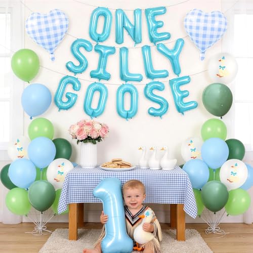 One Silly Goose 1st Birthday Balloon Set – Blue Green White Latex & Foil Decorations for Boys