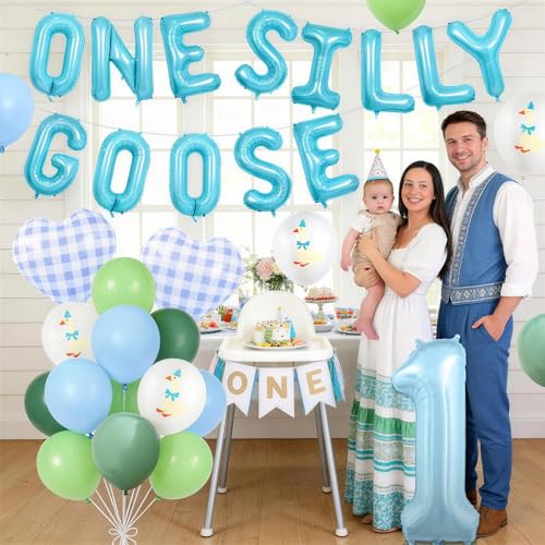 One Silly Goose 1st Birthday Balloon Set – Blue Green White Latex & Foil Decorations for Boys