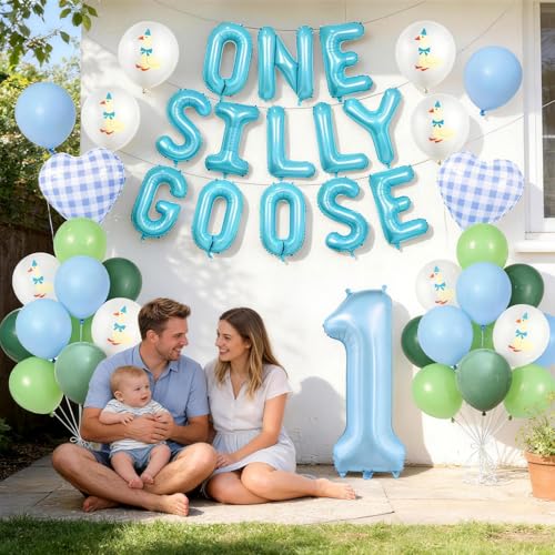 One Silly Goose 1st Birthday Balloon Set – Blue Green White Latex & Foil Decorations for Boys