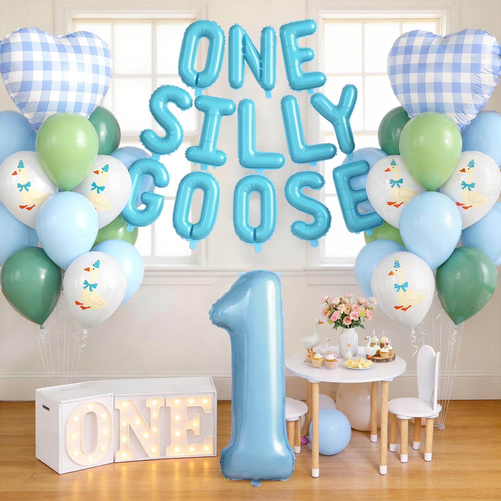 One Silly Goose 1st Birthday Balloon Set – Blue Green White Latex & Foil Decorations for Boys