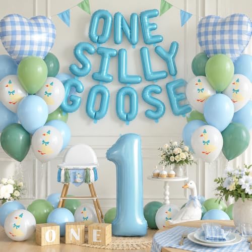 One Silly Goose 1st Birthday Balloon Set – Blue Green White Latex & Foil Decorations for Boys