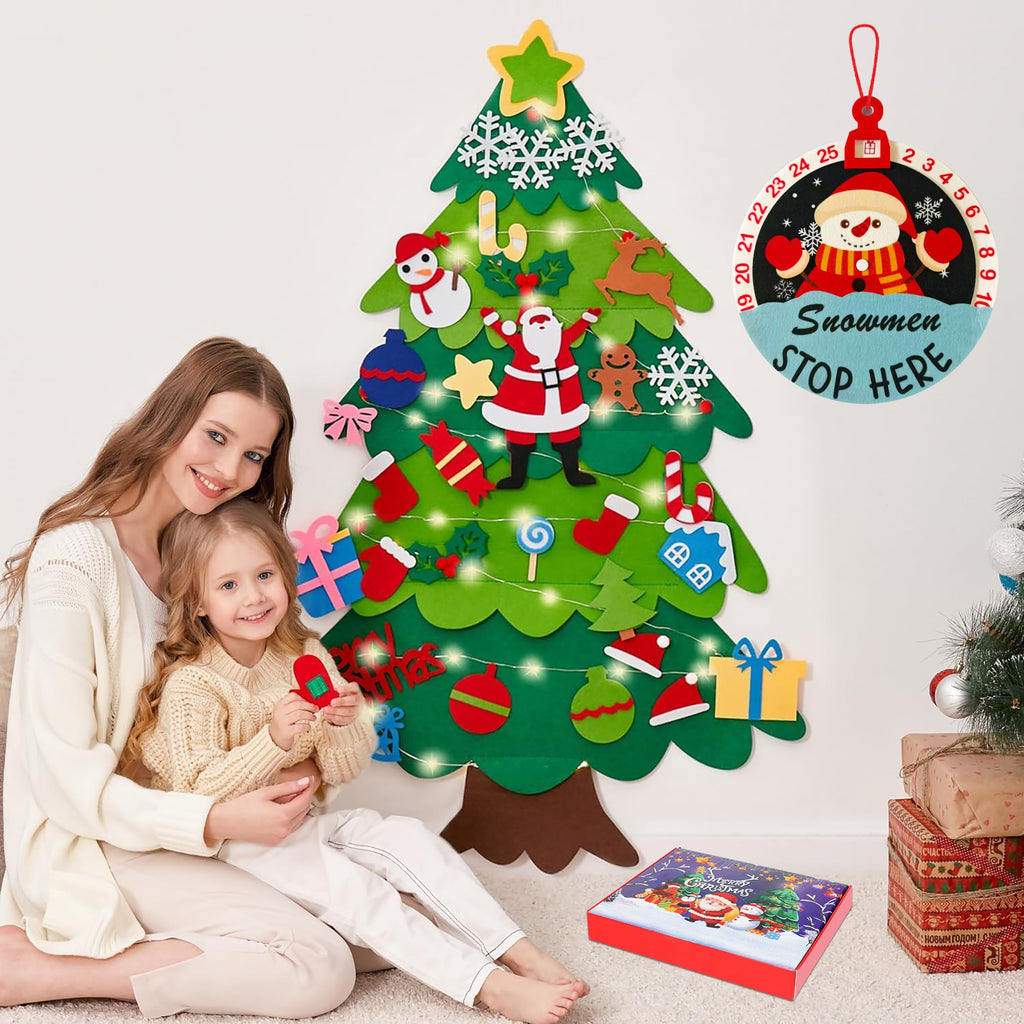 Onekka DIY Felt Christmas Tree for Toddlers – 32 Ornaments + Snowman Advent Calendar & Lights (3.2 ft)