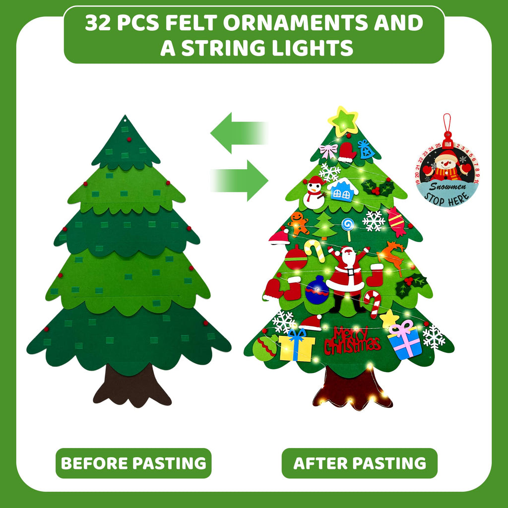 Onekka DIY Felt Christmas Tree for Toddlers – 32 Ornaments + Snowman Advent Calendar & Lights (3.2 ft)