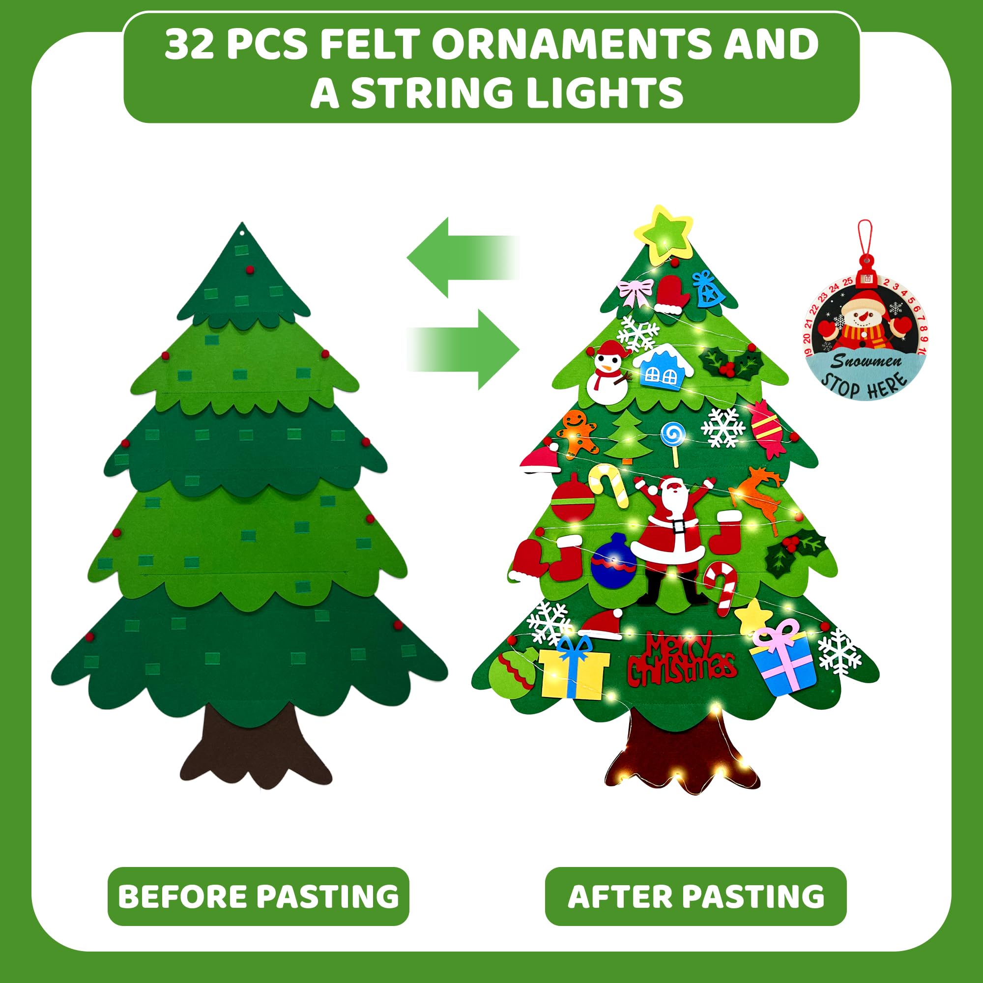Onekka DIY Felt Christmas Tree for Toddlers – 32 Ornaments + Snowman Advent Calendar & Lights (3.2 ft)