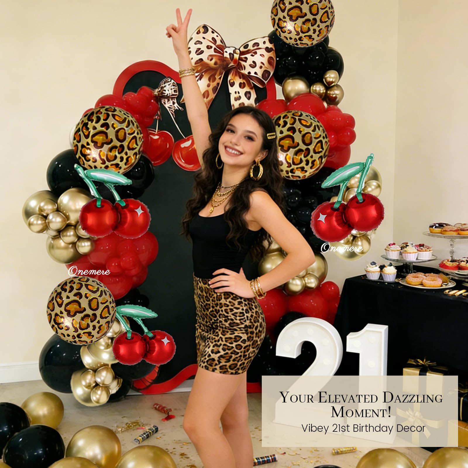 Onemere Cheetah Print Balloon Arch Kit – 185-Piece Red Black Gold Metallic & Foil Cherry Cheetah Balloons for Party Decor