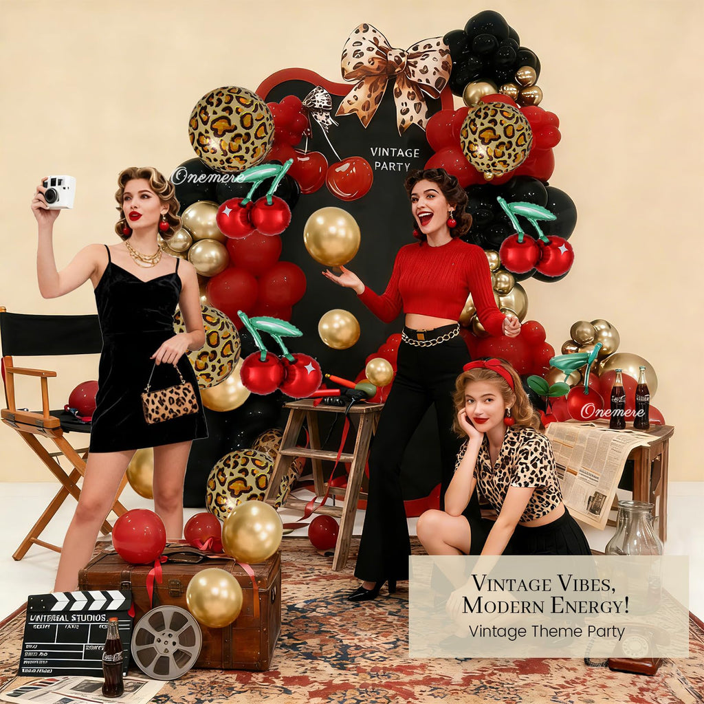 Onemere Cheetah Print Balloon Arch Kit – 185-Piece Red Black Gold Metallic & Foil Cherry Cheetah Balloons for Party Decor