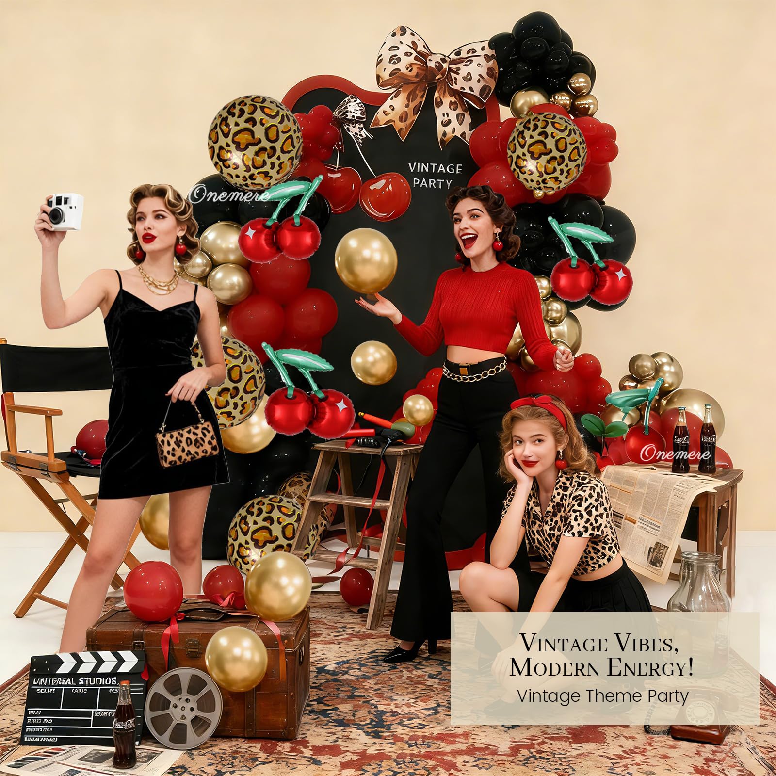 Onemere Cheetah Print Balloon Arch Kit – 185-Piece Red Black Gold Metallic & Foil Cherry Cheetah Balloons for Party Decor
