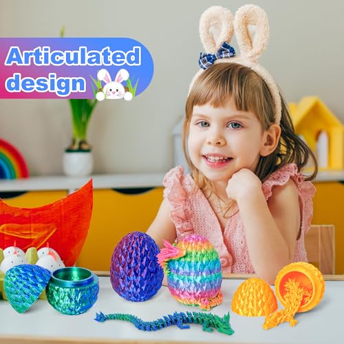 ONEVIVE 3D Printed Dragon Egg Toy (4 Pack) – Articulated Crystal Dragon Surprise, Fidget Sensory Toy for Easter Basket Stuffers & Party Favors
