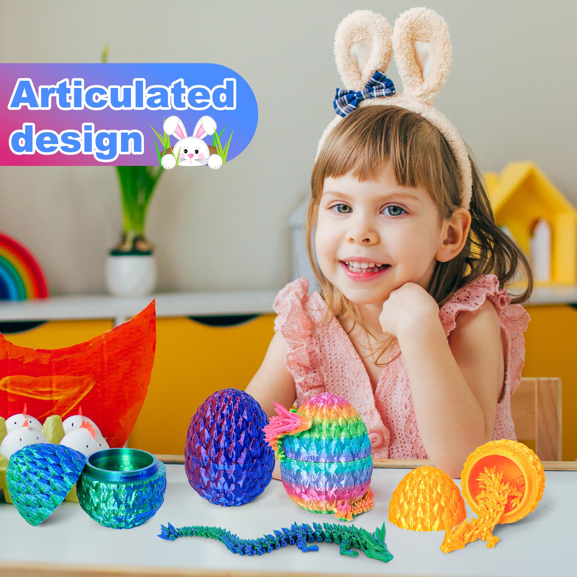 ONEVIVE 3D Printed Dragon Egg Toy (4 Pack) – Articulated Crystal Dragon Surprise, Fidget Sensory Toy for Easter Basket Stuffers & Party Favors