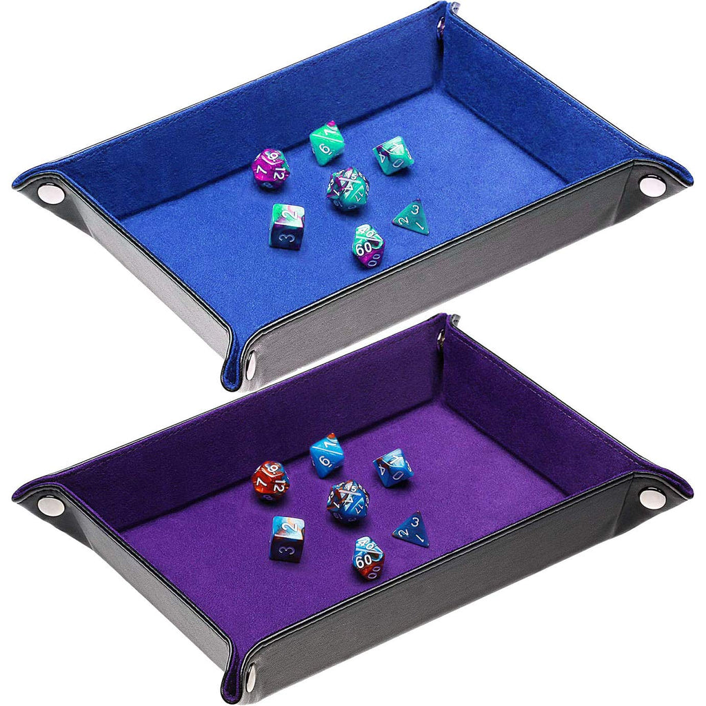 Onwon 2-Pack Folding Dice Trays – Double-Sided Blue & Purple PU Leather/Velvet, Quiet Rolling, Table Protector