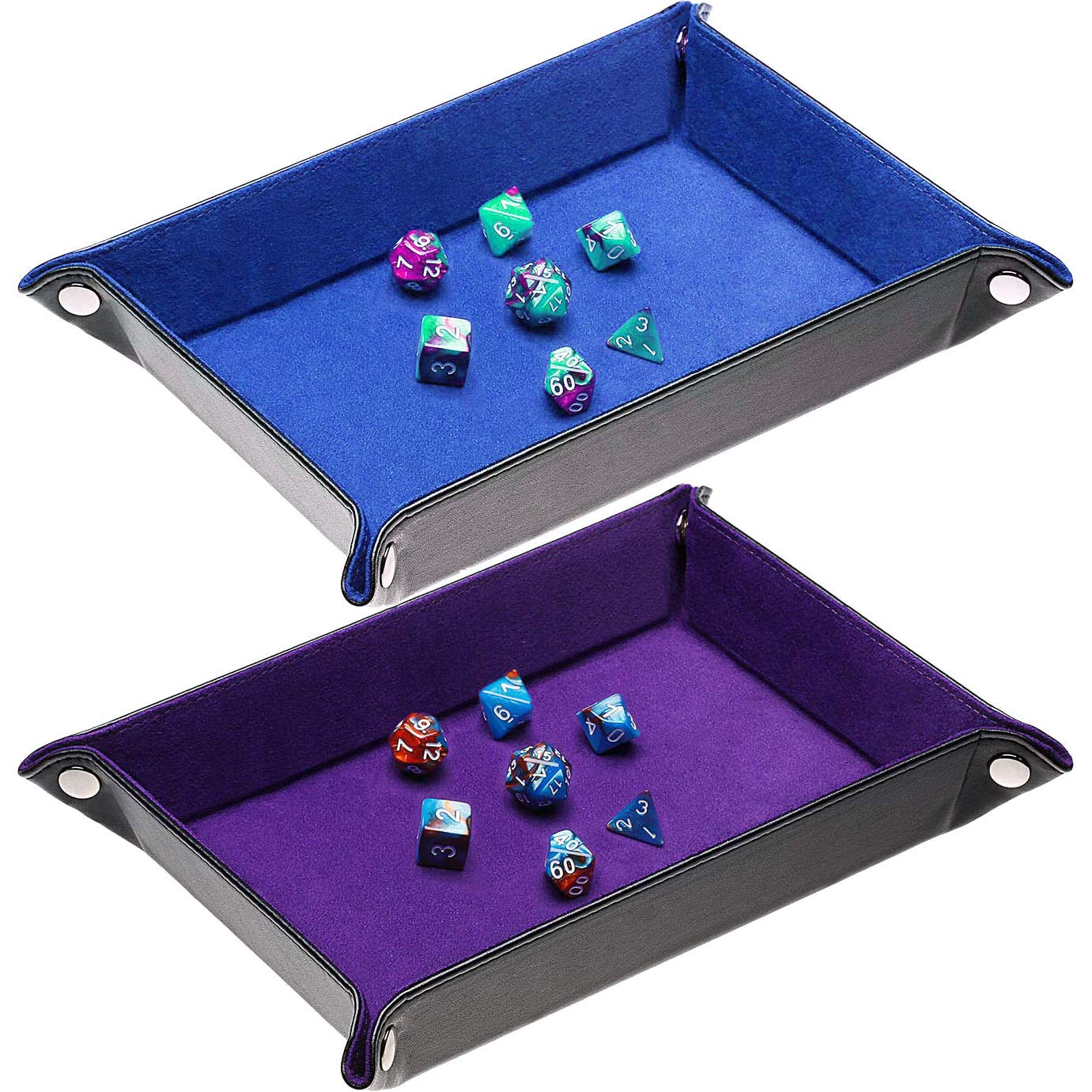 Onwon 2-Pack Folding Dice Trays – Double-Sided Blue & Purple PU Leather/Velvet, Quiet Rolling, Table Protector