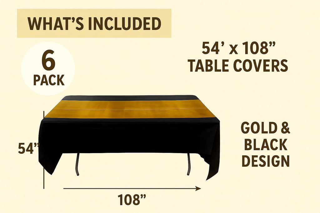 Oojami Black and Gold Plastic Tablecloths Disposable 6-Pack – 54 x 108 Inch Waterproof Rectangle Table Covers for 8 Foot Tables, Party Decor for Weddings, Birthdays