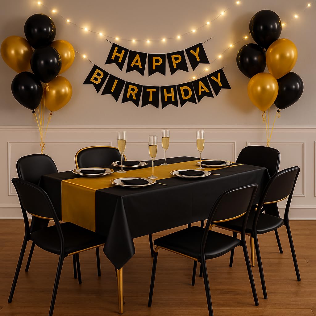 Oojami Black and Gold Plastic Tablecloths Disposable 6-Pack – 54 x 108 Inch Waterproof Rectangle Table Covers for 8 Foot Tables, Party Decor for Weddings, Birthdays