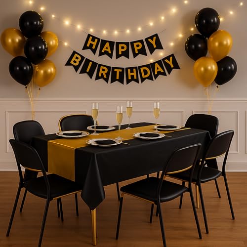Oojami Black and Gold Plastic Tablecloths Disposable 6-Pack – 54 x 108 Inch Waterproof Rectangle Table Covers for 8 Foot Tables, Party Decor for Weddings, Birthdays