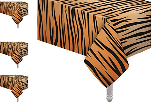 Oojami Tiger Safari Animal Print Tablecloth 4-Pack – Disposable Plastic, 54 x 108 Inches