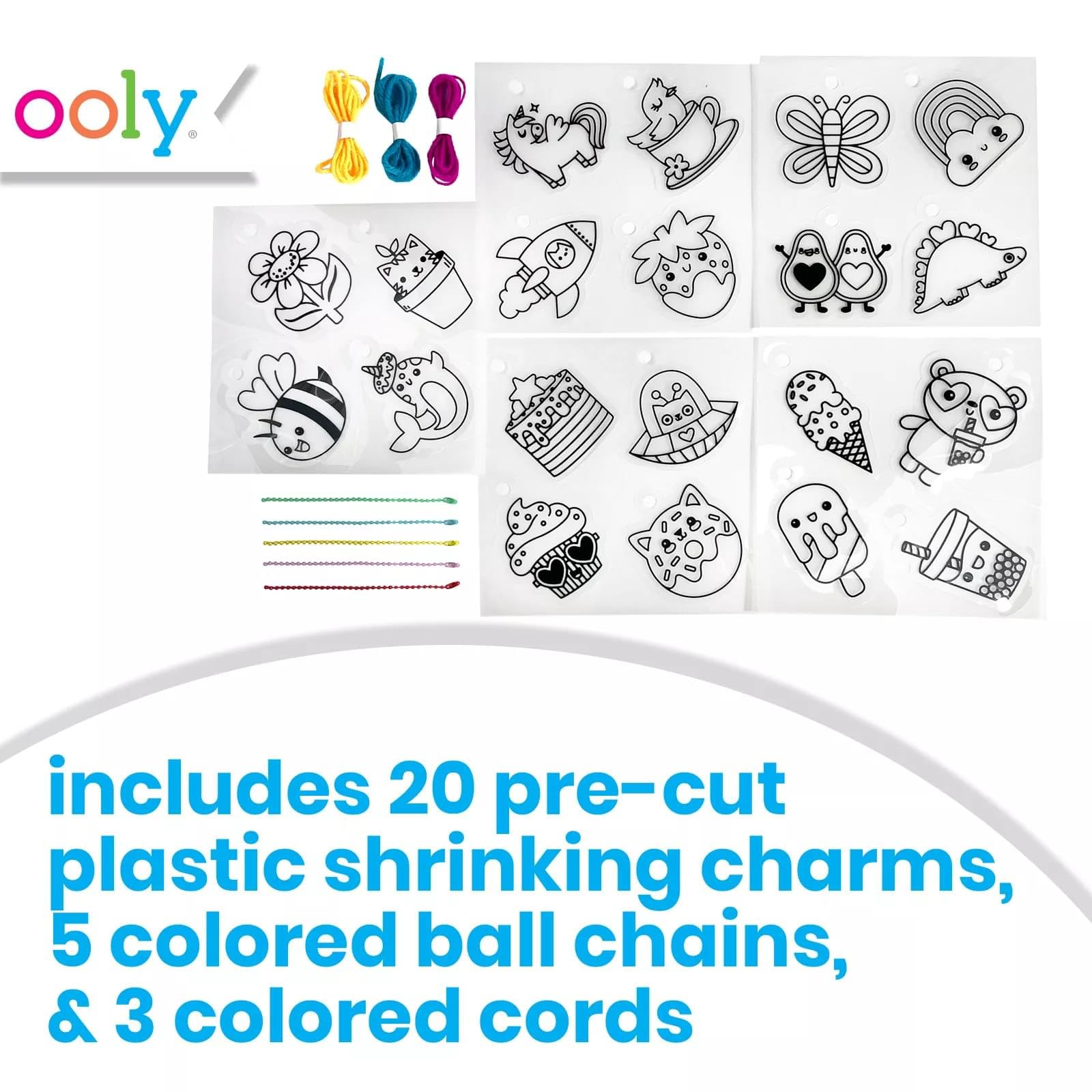 Ooly 28-Piece Shrinking Art Kit for Kids – Pre-Cut Shrink Plastic Charms with Ball Chains and Cords