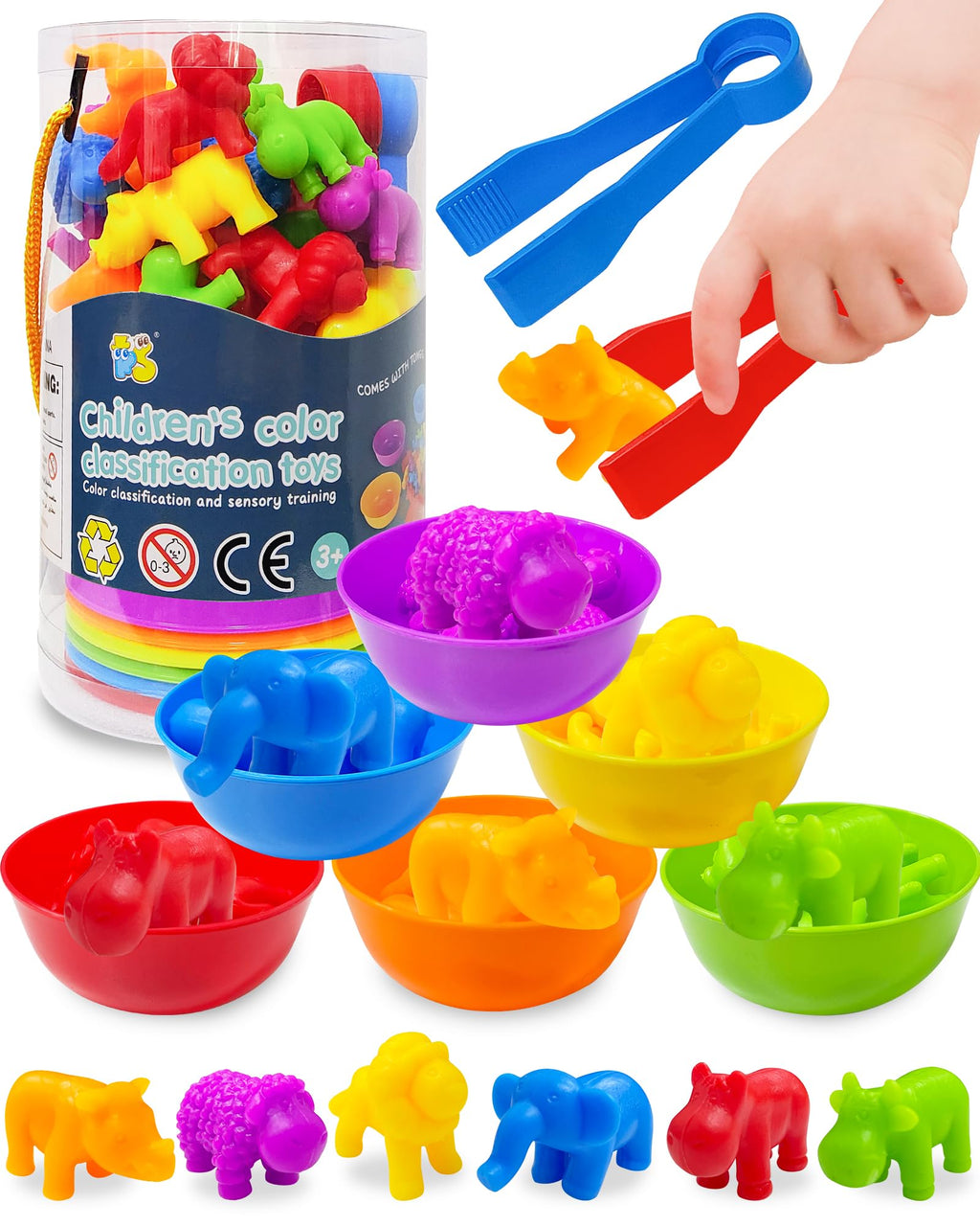 Oomloid Counting Animals Montessori Toy - 36 Pieces with Sorting Bowls & Tweezers for Ages 3-8