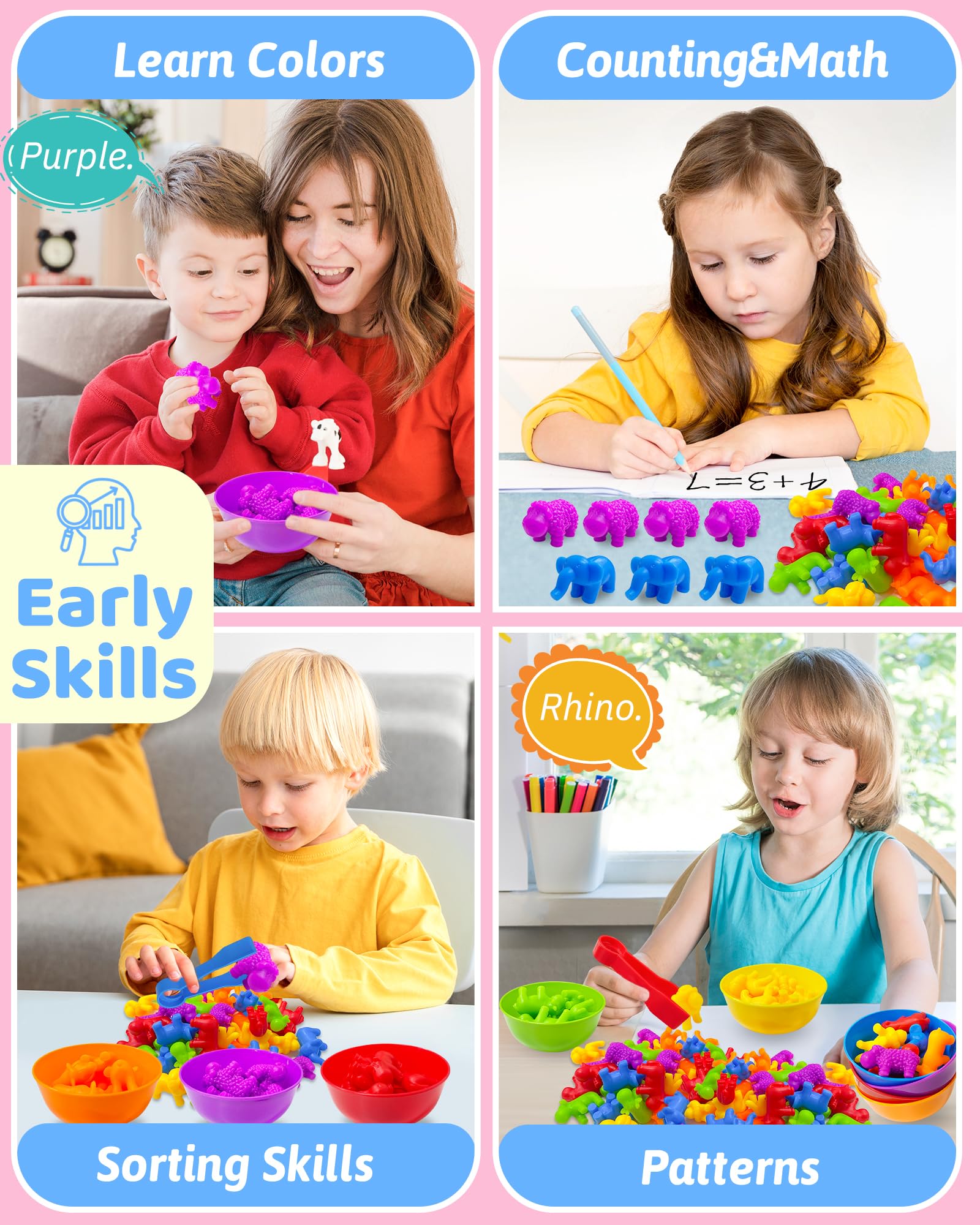 Oomloid Counting Animals Montessori Toy - 36 Pieces with Sorting Bowls & Tweezers for Ages 3-8