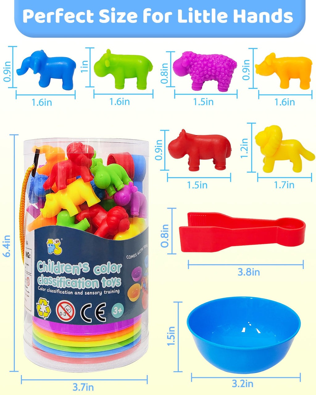 Oomloid Counting Animals Montessori Toy - 36 Pieces with Sorting Bowls & Tweezers for Ages 3-8