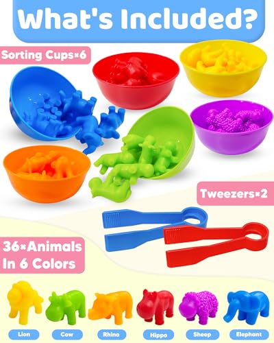 Oomloid Counting Animals Montessori Toy - 36 Pieces with Sorting Bowls & Tweezers for Ages 3-8