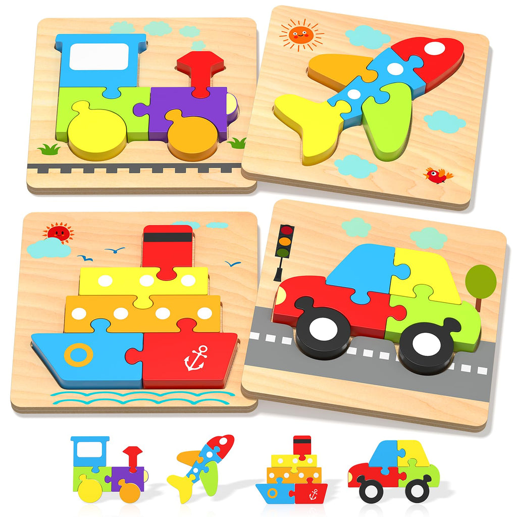 Oomloid Wooden Puzzles for Toddlers - 4 Vehicle Shape Montessori Learning Toys, Safe Non-Toxic Wood, Gift for Boys Girls