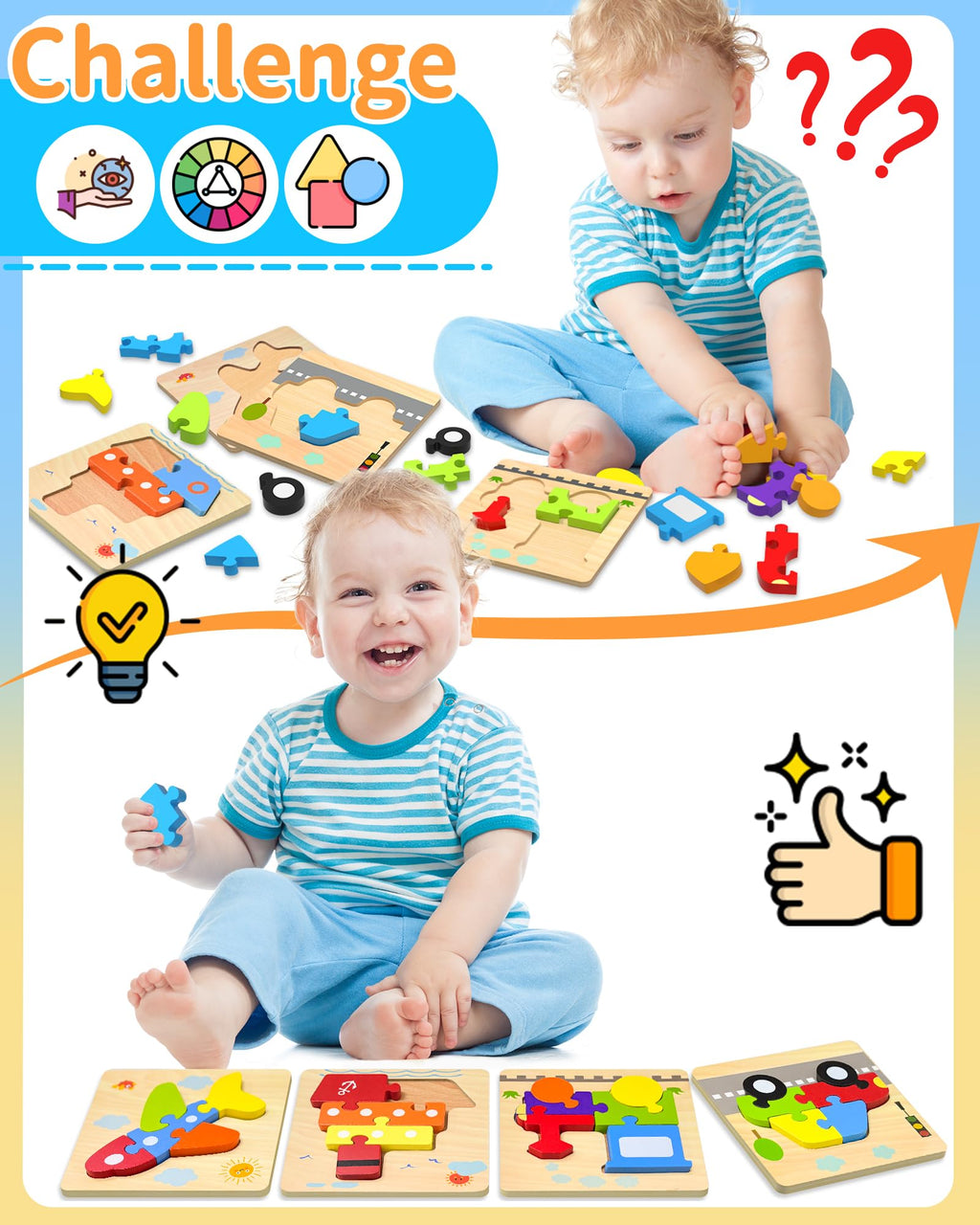Oomloid Wooden Puzzles for Toddlers - 4 Vehicle Shape Montessori Learning Toys, Safe Non-Toxic Wood, Gift for Boys Girls