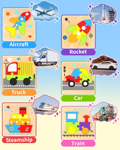 Oomloid Wooden Vehicle Puzzles for Toddlers 1-3 Years – 6-Piece Montessori Shape Learning Toy with Storage Box