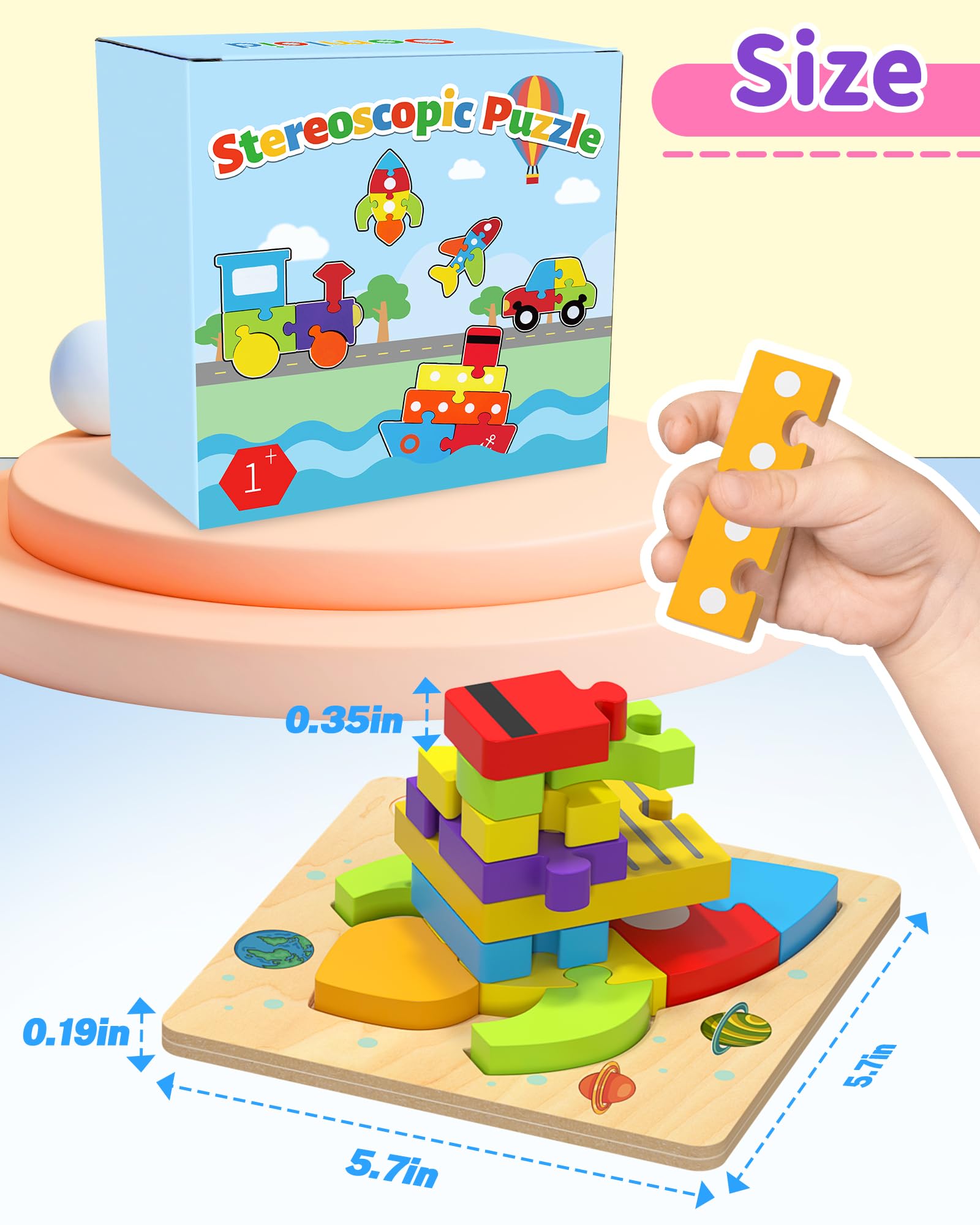 Oomloid Wooden Vehicle Puzzles for Toddlers 1-3 Years – 6-Piece Montessori Shape Learning Toy with Storage Box